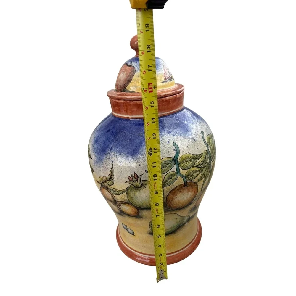 VTG Large Hand Painted Italian Ceramic Ginger Jar Fruit Motif‎ Lidded Urn 18.5